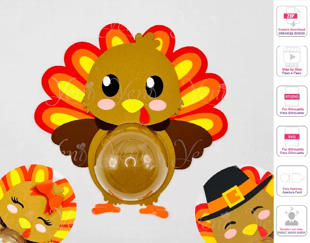 Turkeys Candy Holder - Studio and Svg Digital Files - 3 different faces